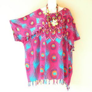 KB449 Peacock Feather Batik Printed Kimono Tunic Women Plus Blouse Top
